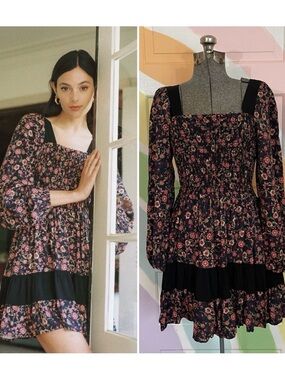 Self Contrast Peasant Smocked Dark Academia Mini Dress Sz S 💚🎀